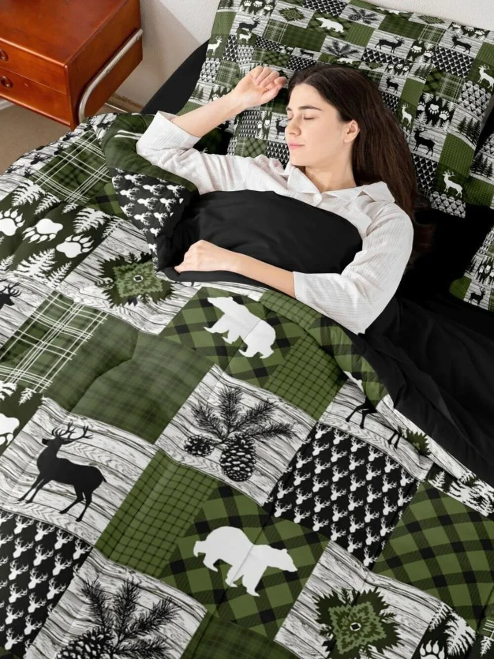 Lodge Plaid Comforter Set King Size 7 Pieces Bear Deer Bedding Set for Kids Boys